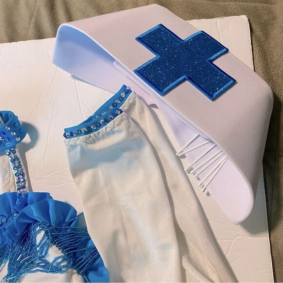 Custom solo Glamorous dance costume white blue 2 piece embellished lyrical XSA - Picture 8 of 15